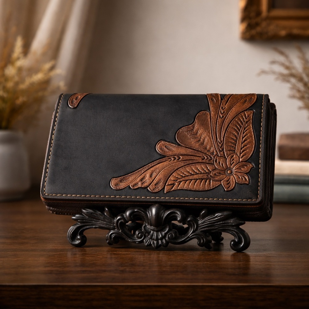 NWT Hand Tooled Leather Wallet Black Brown Floral Western Cowgirl Boho